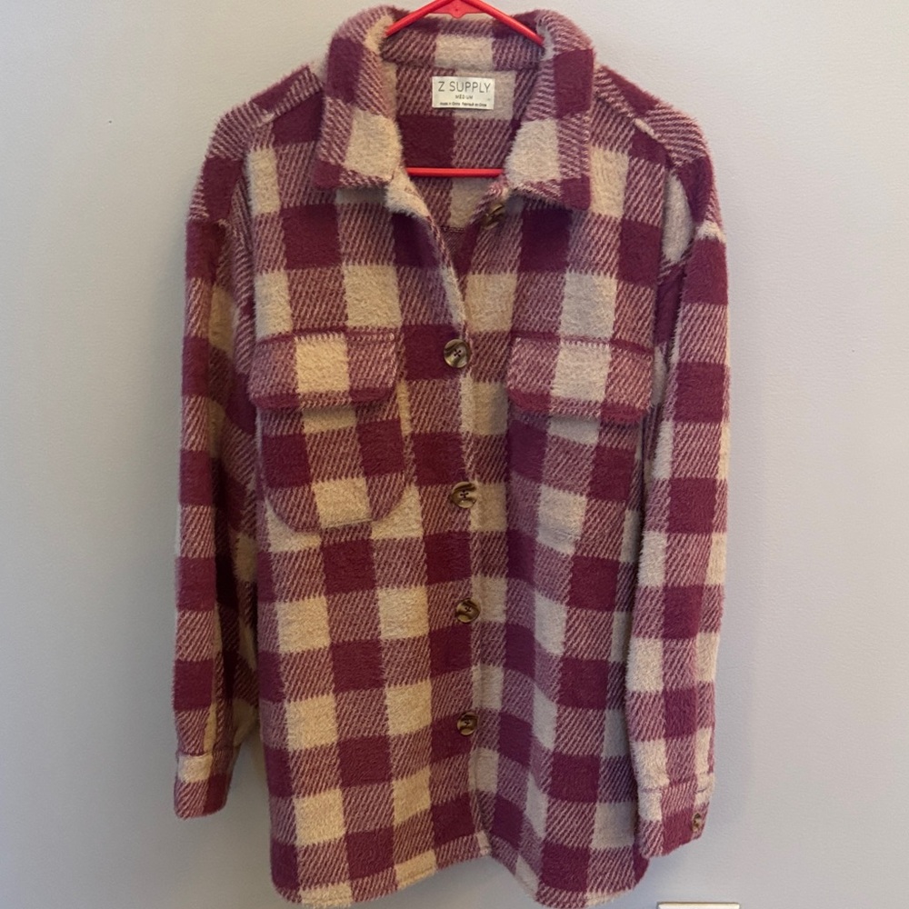 Z Supply Women's Checkered Teddy Jacket - Purple and Cream size medium